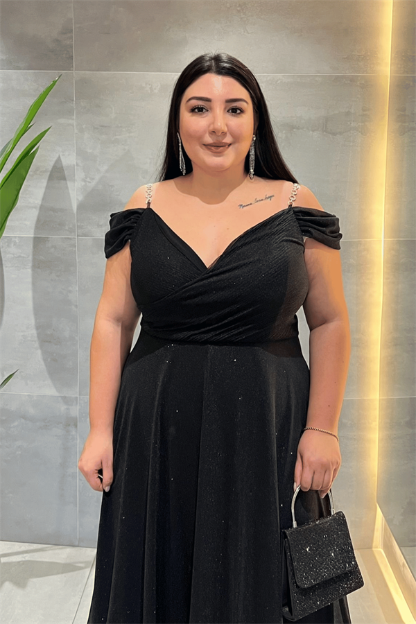 Simli Kumaş Kayık Yaka Abiye Elbise - SİYAH