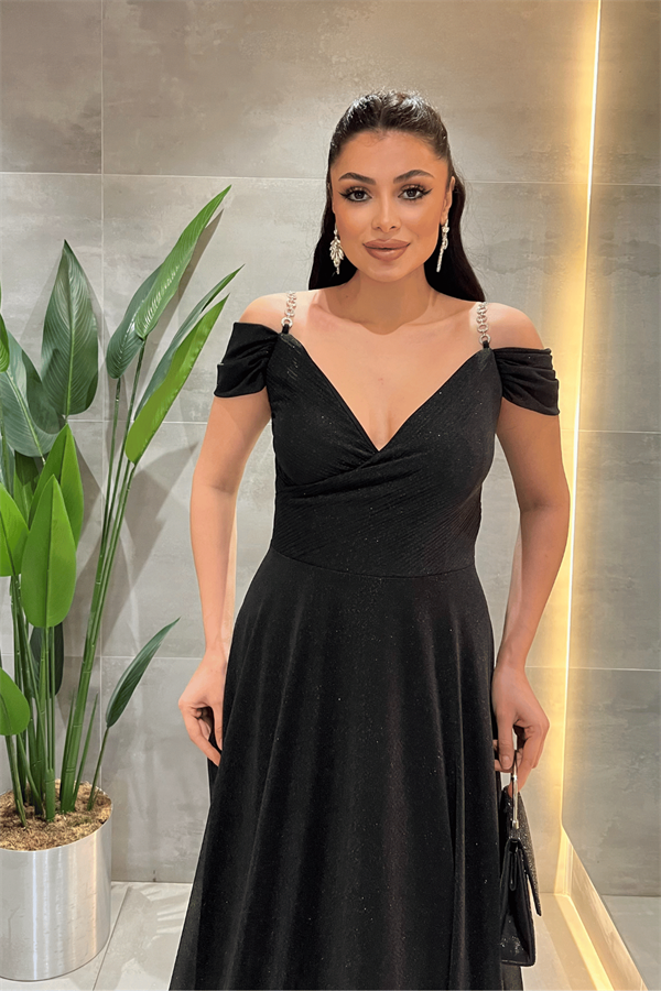 Simli Kumaş Kayık Yaka Abiye Elbise - SİYAH