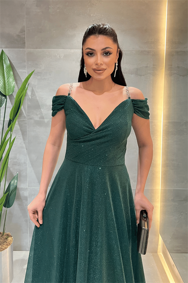 Simli Kumaş Kayık Yaka Abiye Elbise - ZÜMRÜT YEŞİL