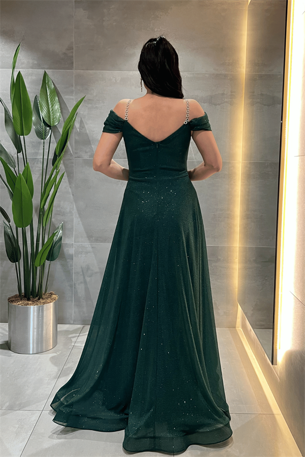 Simli Kumaş Kayık Yaka Abiye Elbise - ZÜMRÜT YEŞİL