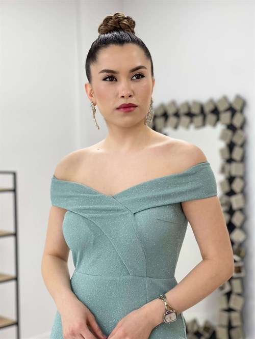 فستان قماش فضي برقبة على شكل قارب - نعناع أخضر