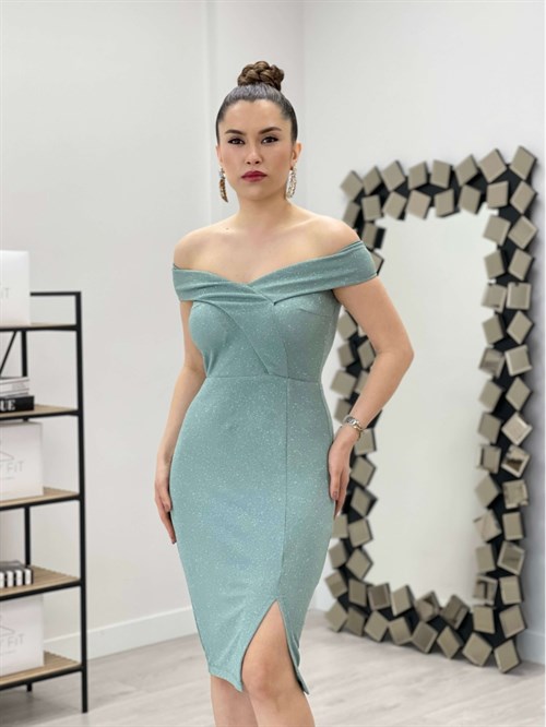 فستان قماش فضي برقبة على شكل قارب - نعناع أخضر