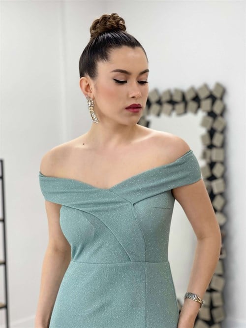 فستان قماش فضي برقبة على شكل قارب - نعناع أخضر