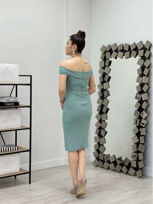 فستان قماش فضي برقبة على شكل قارب - نعناع أخضر