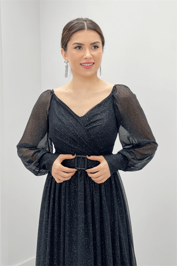 Silvery Fabric Arched Evening Dress - BLACK