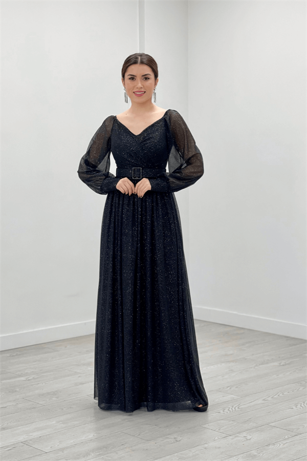 Silvery Fabric Arched Evening Dress - BLACK