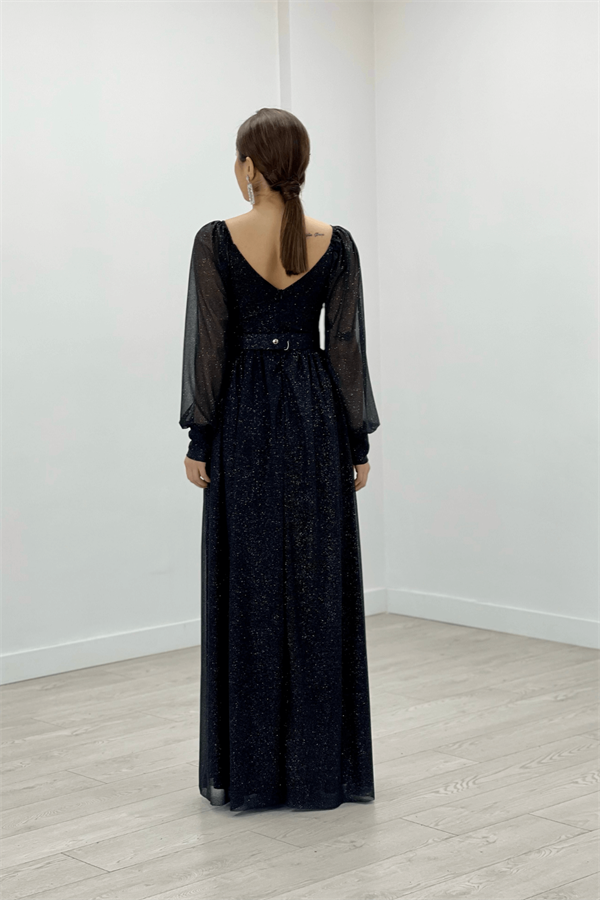 Silvery Fabric Arched Evening Dress - BLACK