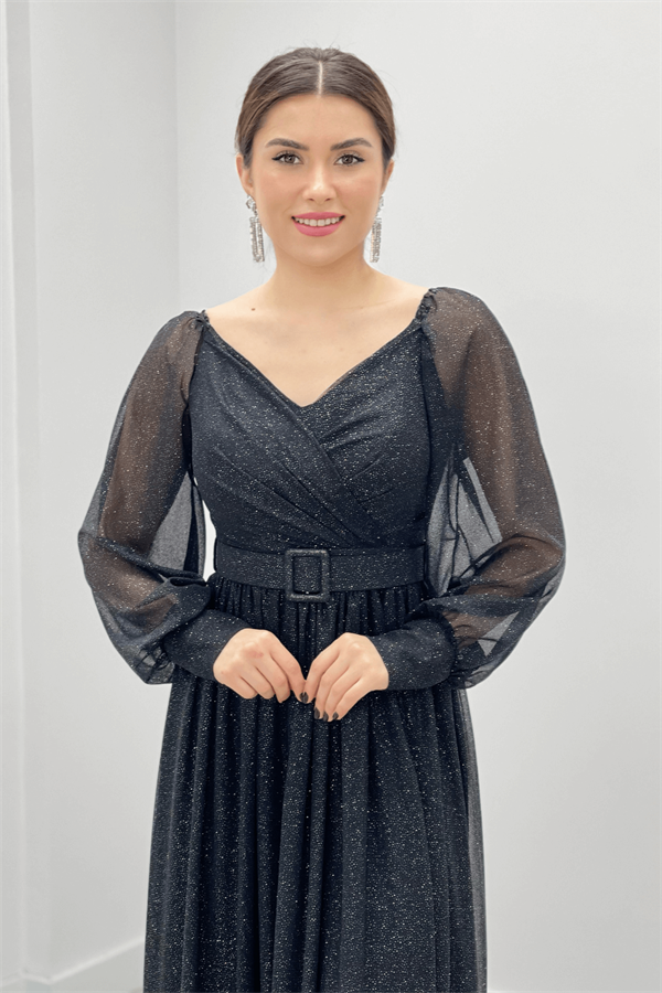 Silvery Fabric Arched Evening Dress - BLACK