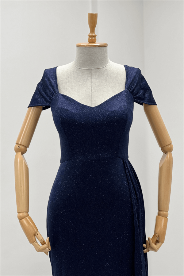 Simli Kumaş Omu Büzgülü Uzun Elbise - LACİVERT