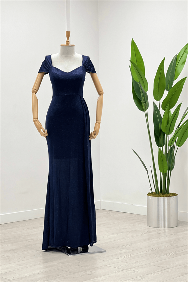 Simli Kumaş Omu Büzgülü Uzun Elbise - LACİVERT