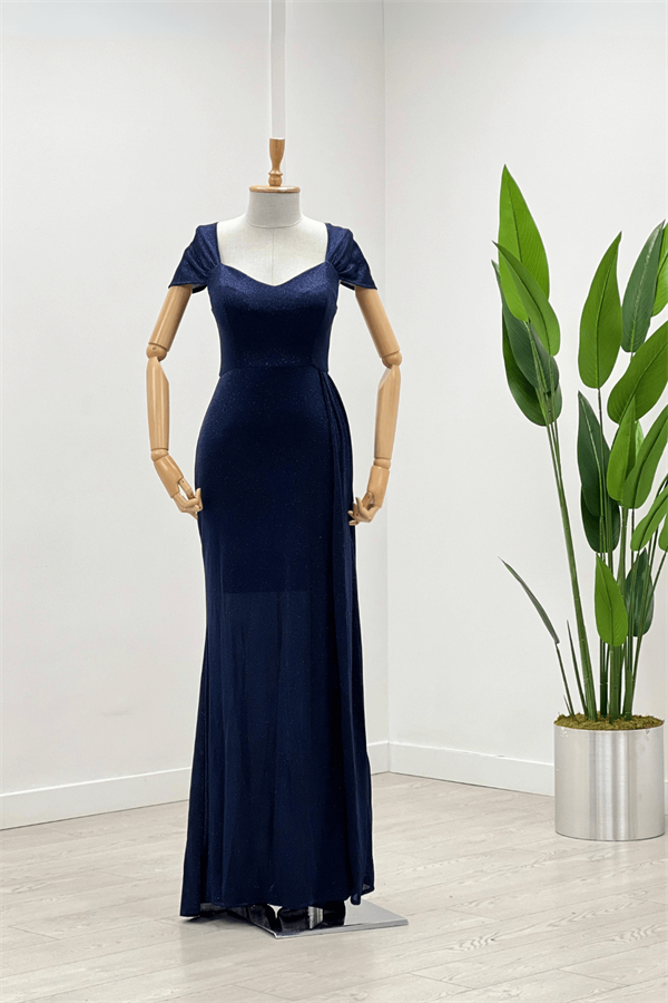 Simli Kumaş Omu Büzgülü Uzun Elbise - LACİVERT