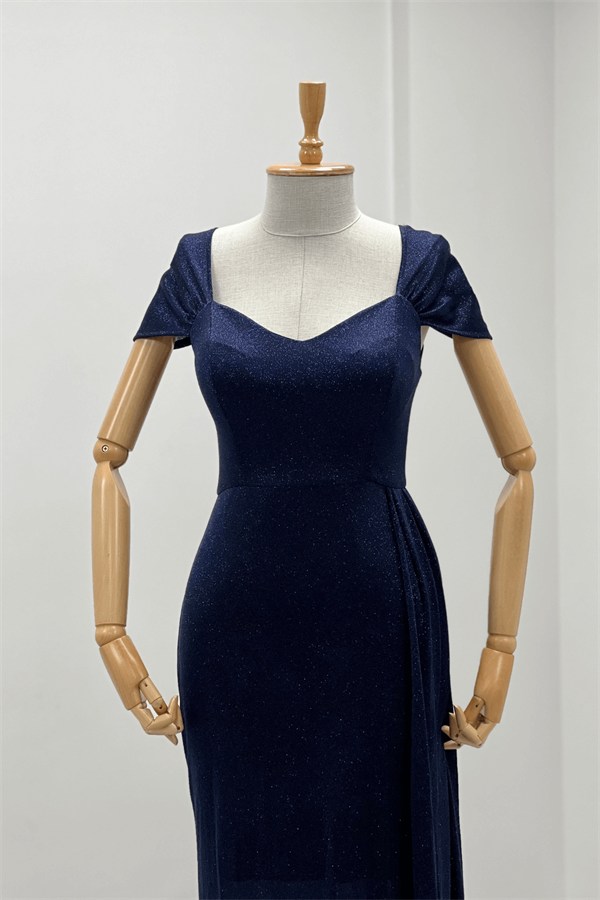 Simli Kumaş Omu Büzgülü Uzun Elbise - LACİVERT