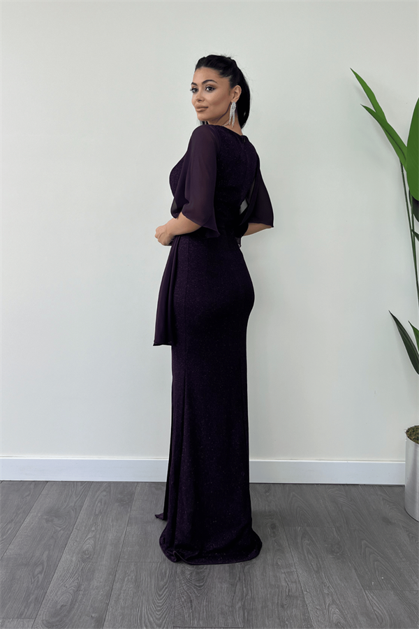 Simli Kumaş Şifon Şal Detaylı Abiye Elbise - PATLICAN MOR