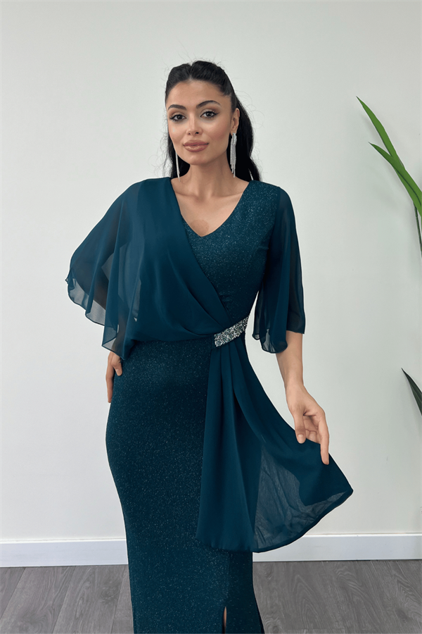 Simli Kumaş Şifon Şal Detaylı Abiye Elbise - ZÜMRÜT YEŞİL