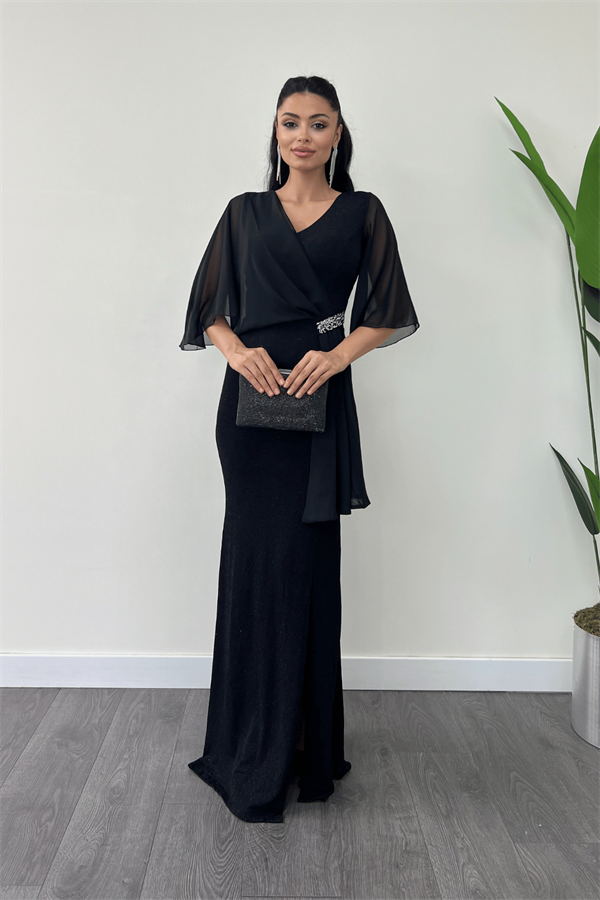 Simli Kumaş Şifon Şal Detaylı Abiye Elbise - SİYAH