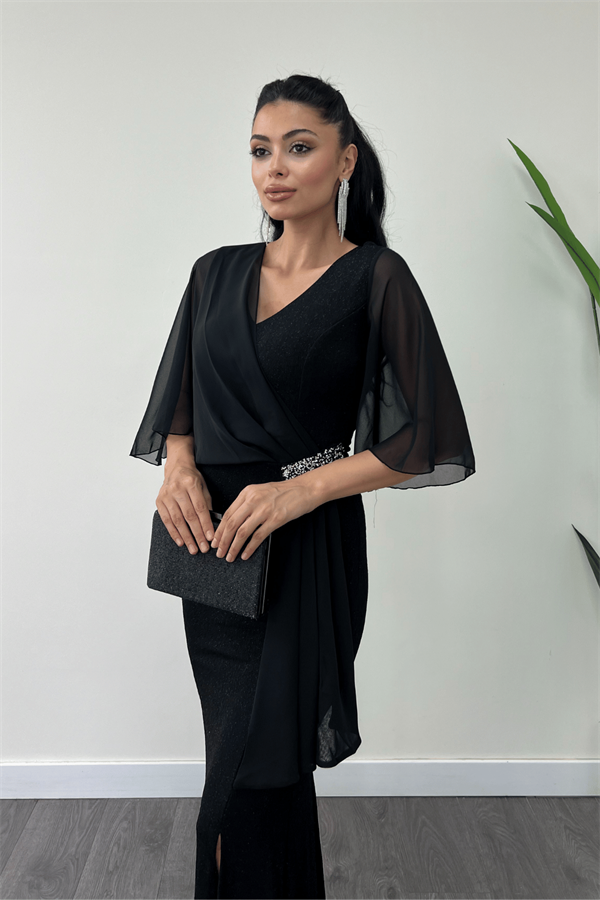Simli Kumaş Şifon Şal Detaylı Abiye Elbise - SİYAH