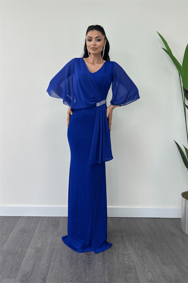 Simli Kumaş Şifon Şal Detaylı Abiye Elbise - SAKS MAVİ