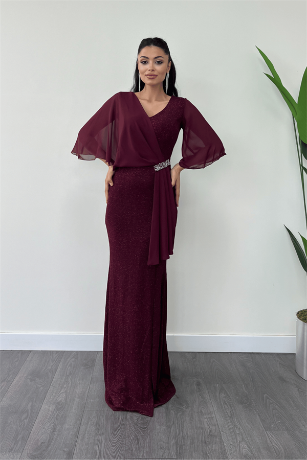 Simli Kumaş Şifon Şal Detaylı Abiye Elbise - BORDO