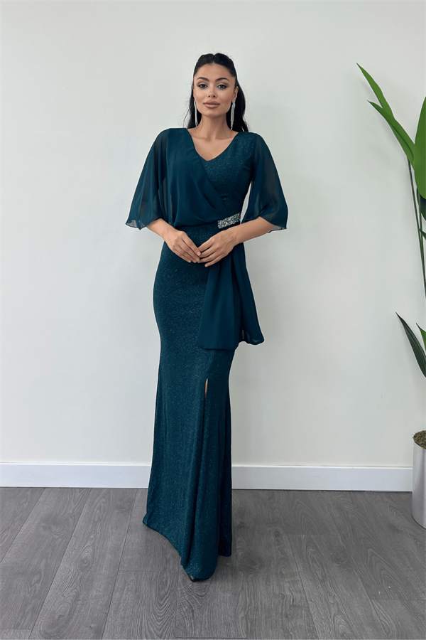 Simli Kumaş Şifon Şal Detaylı Abiye Elbise - ZÜMRÜT YEŞİL