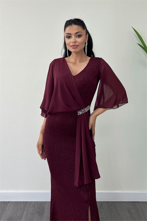 Simli Kumaş Şifon Şal Detaylı Abiye Elbise - BORDO