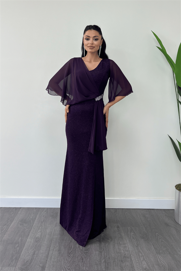 Simli Kumaş Şifon Şal Detaylı Abiye Elbise - PATLICAN MOR