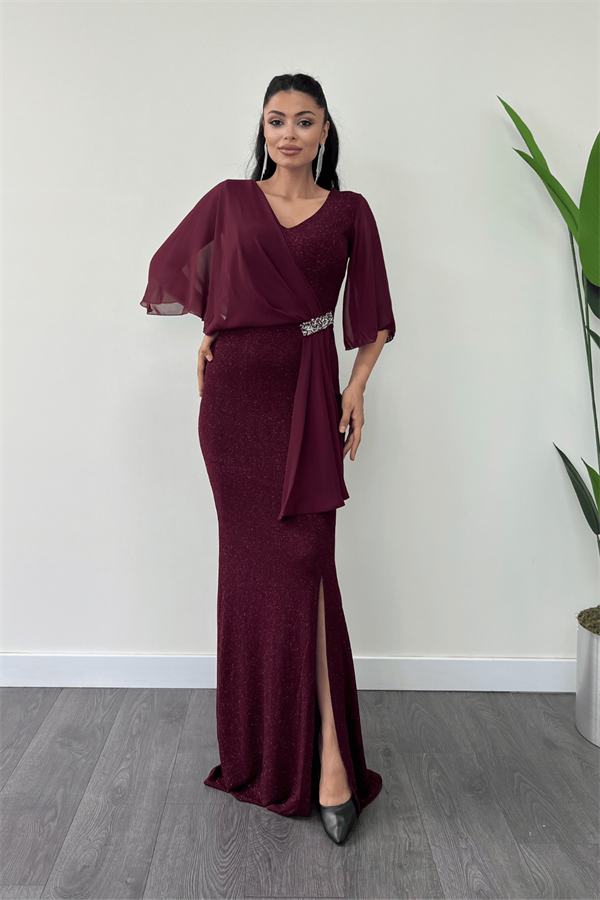 Simli Kumaş Şifon Şal Detaylı Abiye Elbise - BORDO