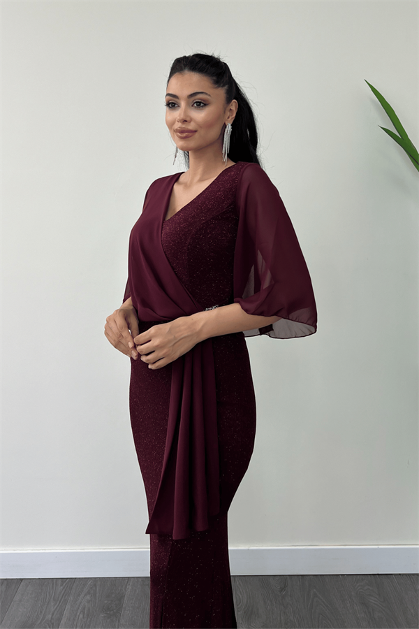 Simli Kumaş Şifon Şal Detaylı Abiye Elbise - BORDO