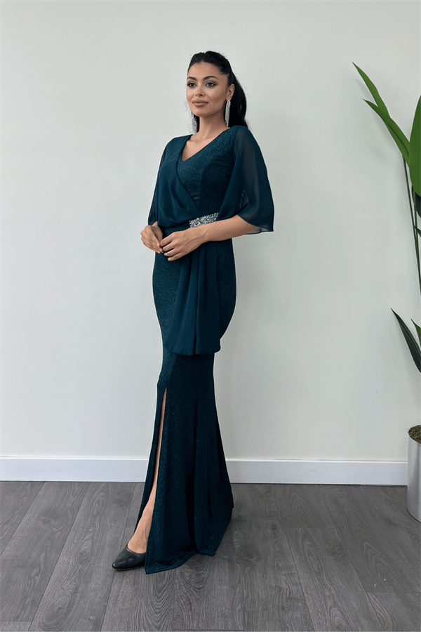 Simli Kumaş Şifon Şal Detaylı Abiye Elbise - ZÜMRÜT YEŞİL