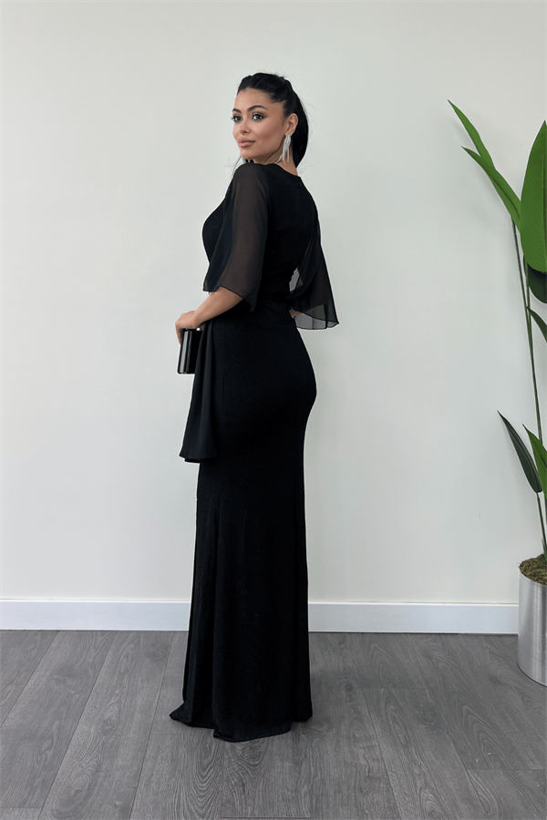 Simli Kumaş Şifon Şal Detaylı Abiye Elbise - SİYAH