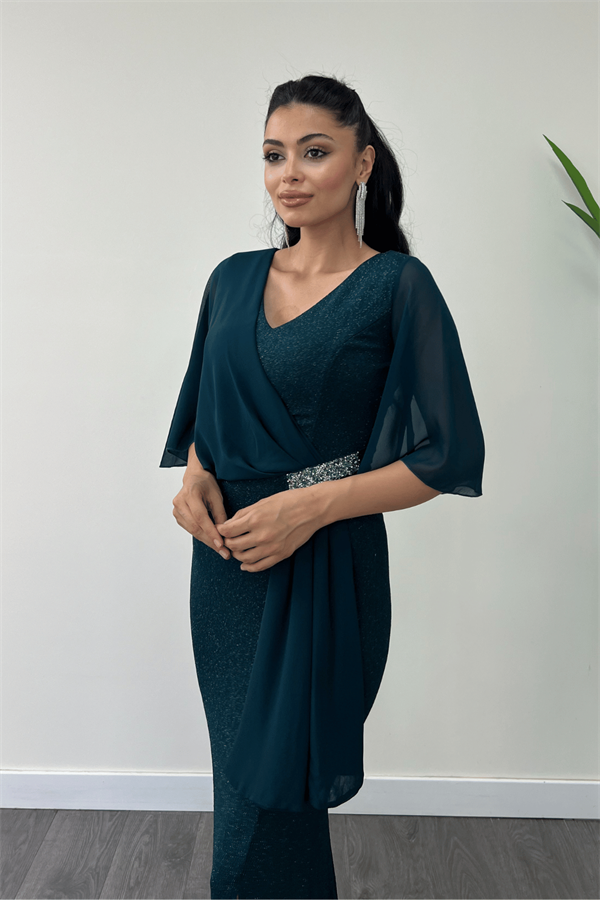 Simli Kumaş Şifon Şal Detaylı Abiye Elbise - ZÜMRÜT YEŞİL