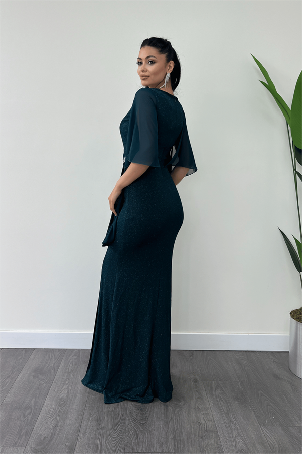 Simli Kumaş Şifon Şal Detaylı Abiye Elbise - ZÜMRÜT YEŞİL