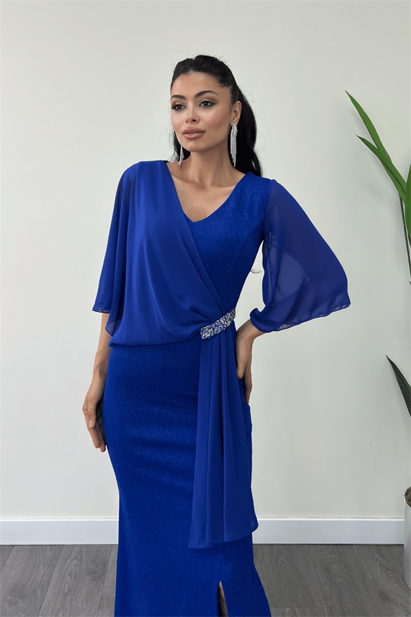 Simli Kumaş Şifon Şal Detaylı Abiye Elbise - SAKS MAVİ