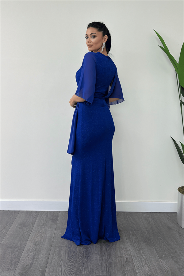 Simli Kumaş Şifon Şal Detaylı Abiye Elbise - SAKS MAVİ