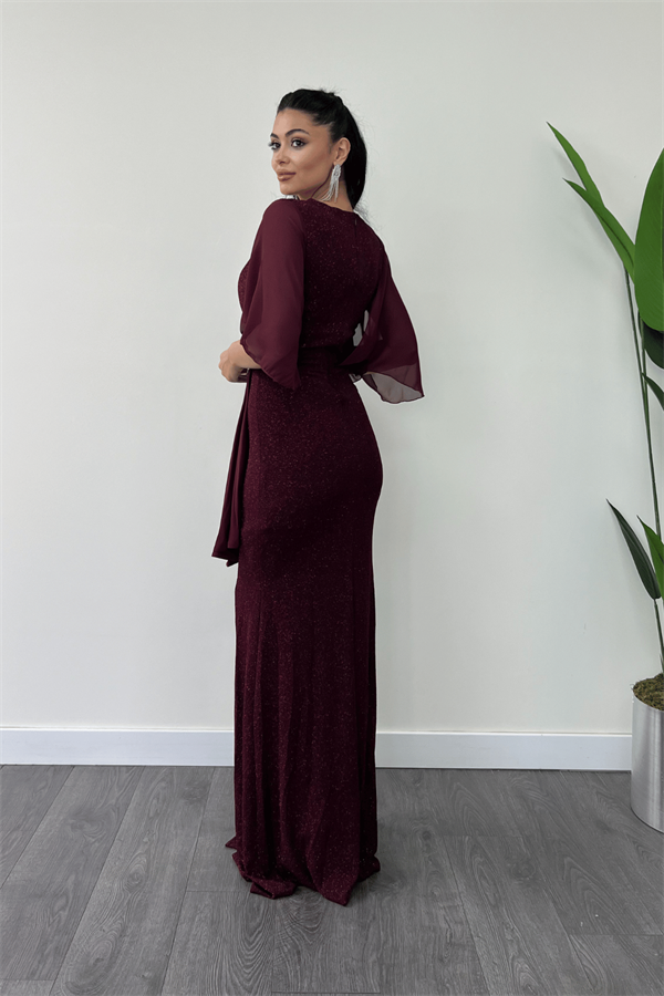Simli Kumaş Şifon Şal Detaylı Abiye Elbise - BORDO