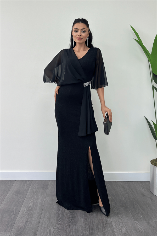 Simli Kumaş Şifon Şal Detaylı Abiye Elbise - SİYAH