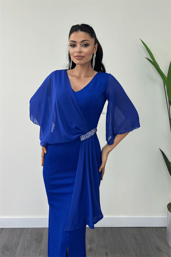 Simli Kumaş Şifon Şal Detaylı Abiye Elbise - SAKS MAVİ