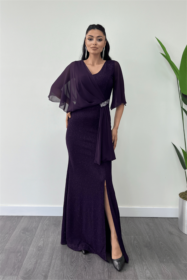 Simli Kumaş Şifon Şal Detaylı Abiye Elbise - PATLICAN MOR