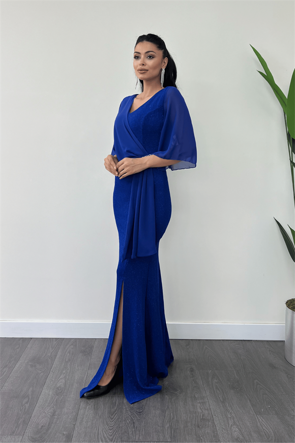 Simli Kumaş Şifon Şal Detaylı Abiye Elbise - SAKS MAVİ