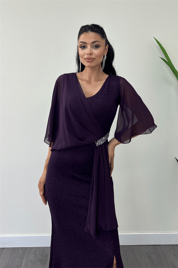 Simli Kumaş Şifon Şal Detaylı Abiye Elbise - PATLICAN MOR