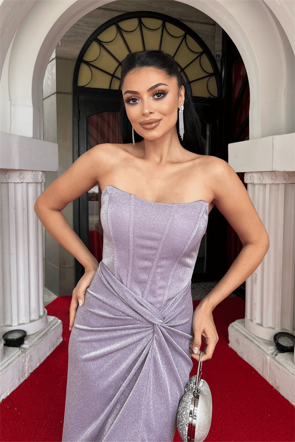 Simli Kumaş Straplez Balen Detaylı Abiye Elbise - PEMBE