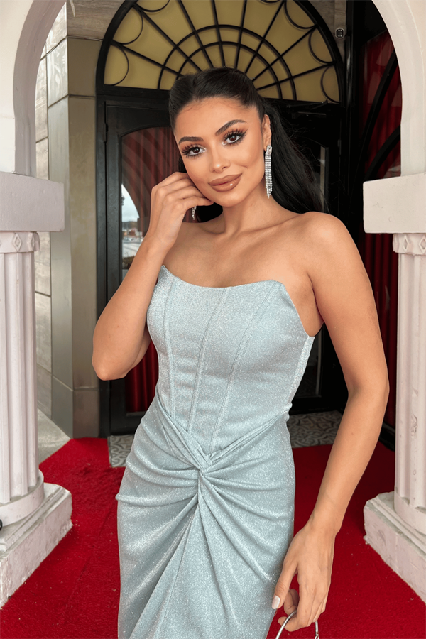 Simli Kumaş Straplez Balen Detaylı Abiye Elbise - MİNT YEŞİLİ