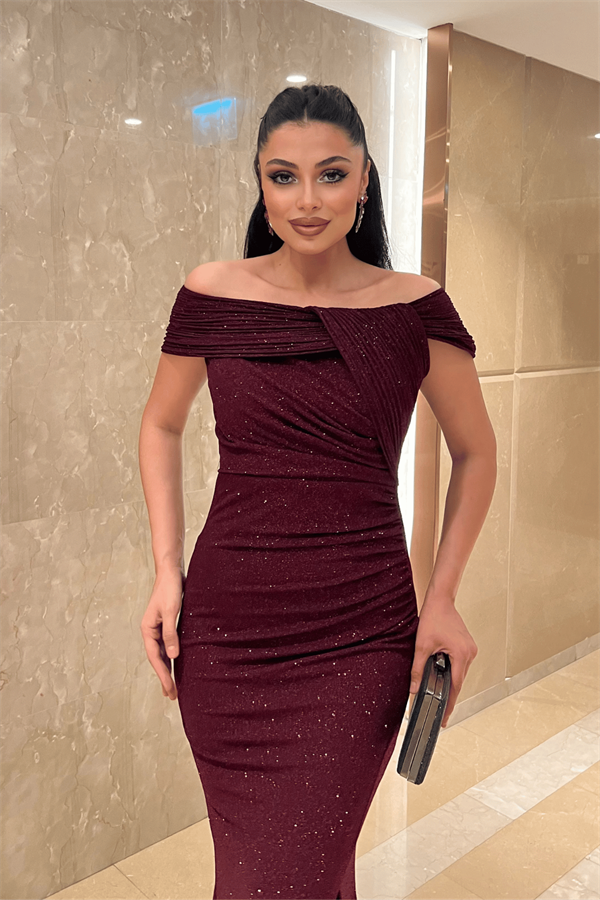 Simli Kumaş Tasarım Drape Detaylı Abiye Elbise - BORDO