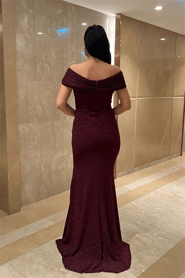 Simli Kumaş Tasarım Drape Detaylı Abiye Elbise - BORDO