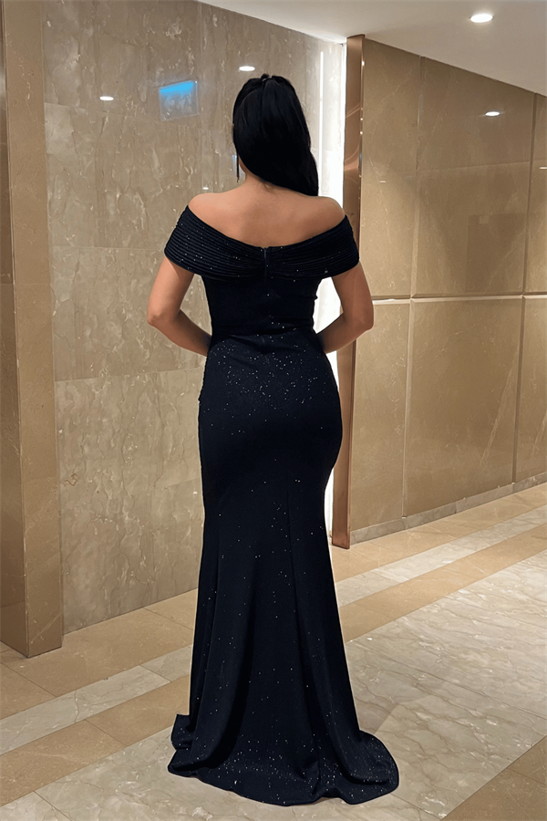 Simli Kumaş Tasarım Drape Detaylı Abiye Elbise - LACİVERT