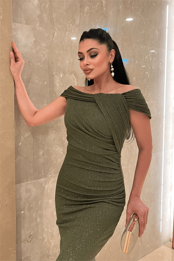 Simli Kumaş Tasarım Drape Detaylı Abiye Elbise - HAKİ YEŞİLİ