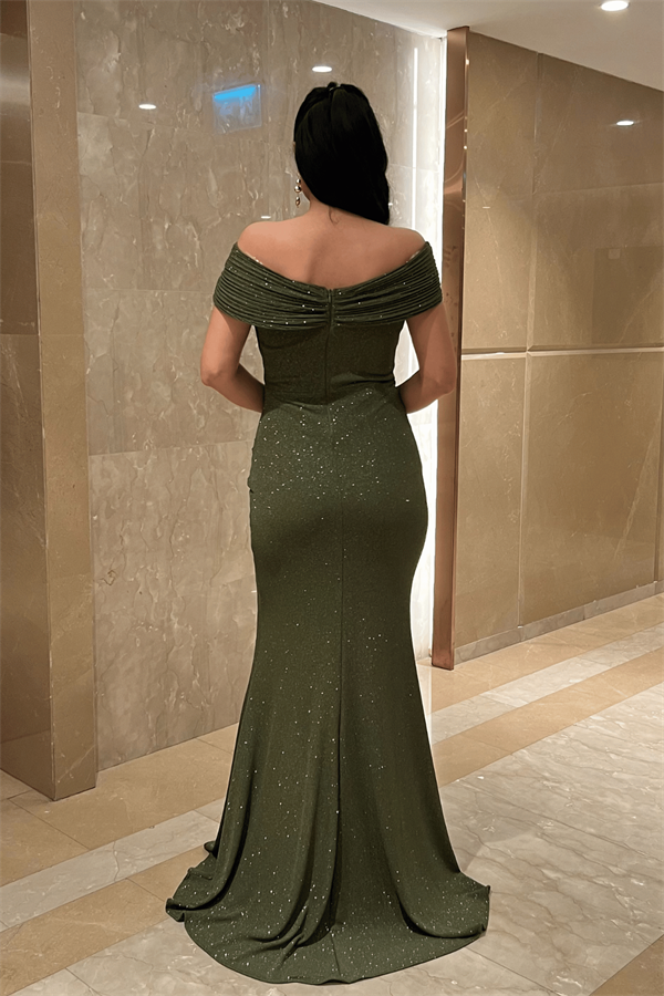 Simli Kumaş Tasarım Drape Detaylı Abiye Elbise - HAKİ YEŞİLİ