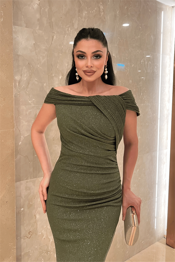 Simli Kumaş Tasarım Drape Detaylı Abiye Elbise - HAKİ YEŞİLİ