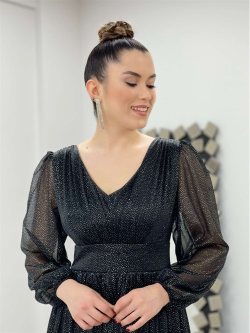 فستان مزين بكشكشة بياقة قماش لامعة - الأسود