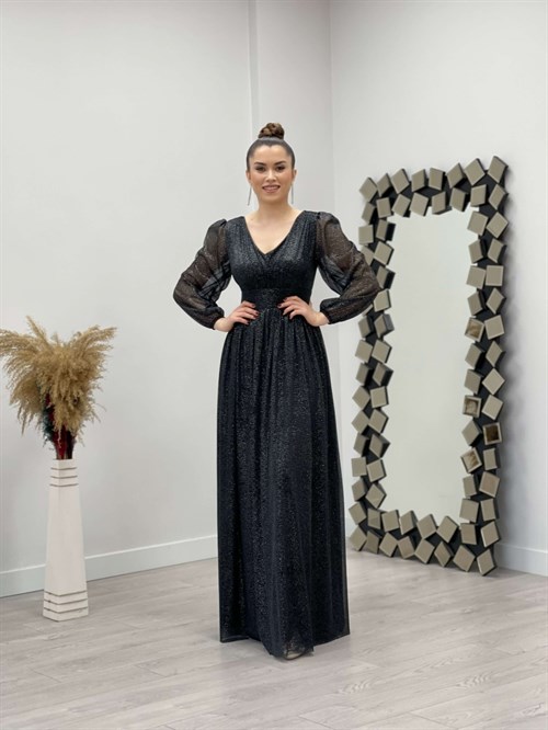 فستان مزين بكشكشة بياقة قماش لامعة - الأسود