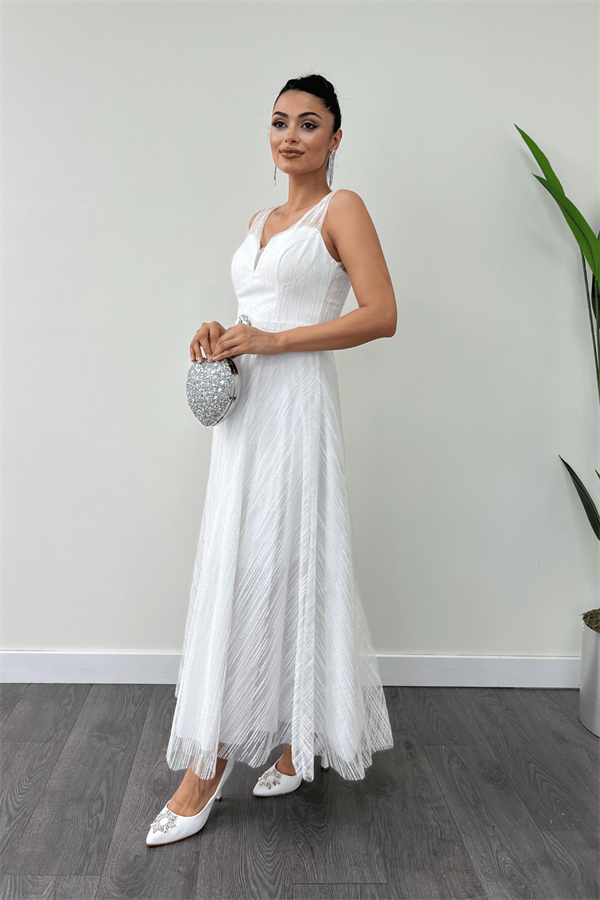 Simli Kumş Askılı Midi Elbise - BEYAZ